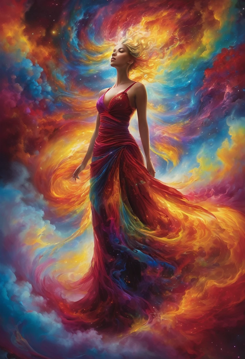 an incredible and spectacular scene of a female figure emerging from a luminous cloud,She is dressed in a vibrant, flowing gown that cascades around her in a spectrum of colors, from deep reds to bright yellows, transitioning through the full range of the rainbow. fractal threads of nebula enveloping her breasts and hips, cosmic entities, celestial, cosmic, vibrating and bright, vortices, swirling, unrealistic, high contrast, symbolism, magical, mystical, mystifying, hyperrealistic, oversaturated, colorful