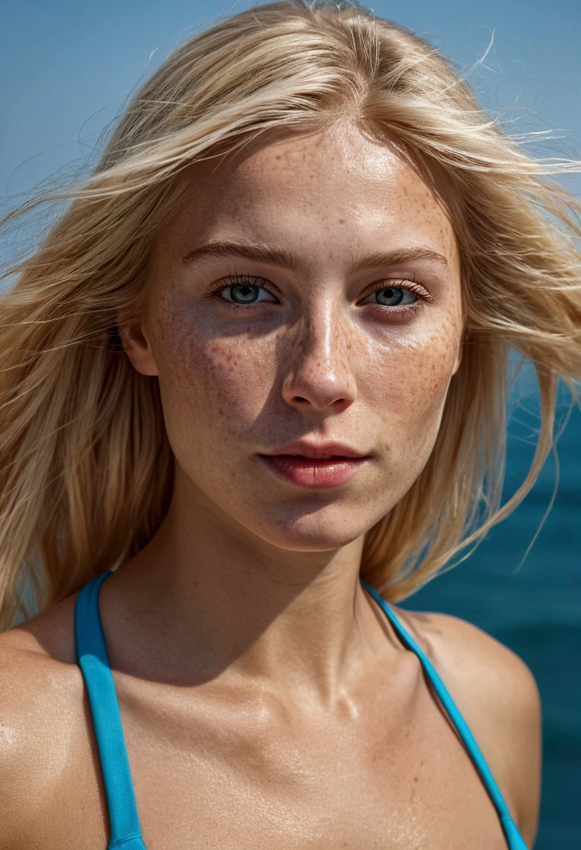 Ultra realistic photo portrait of a blondes with straight hair, european,, few freckles, meticulous| detailed, highly detailed, 4k, high resolution, award winning photography in bikini front of the sea