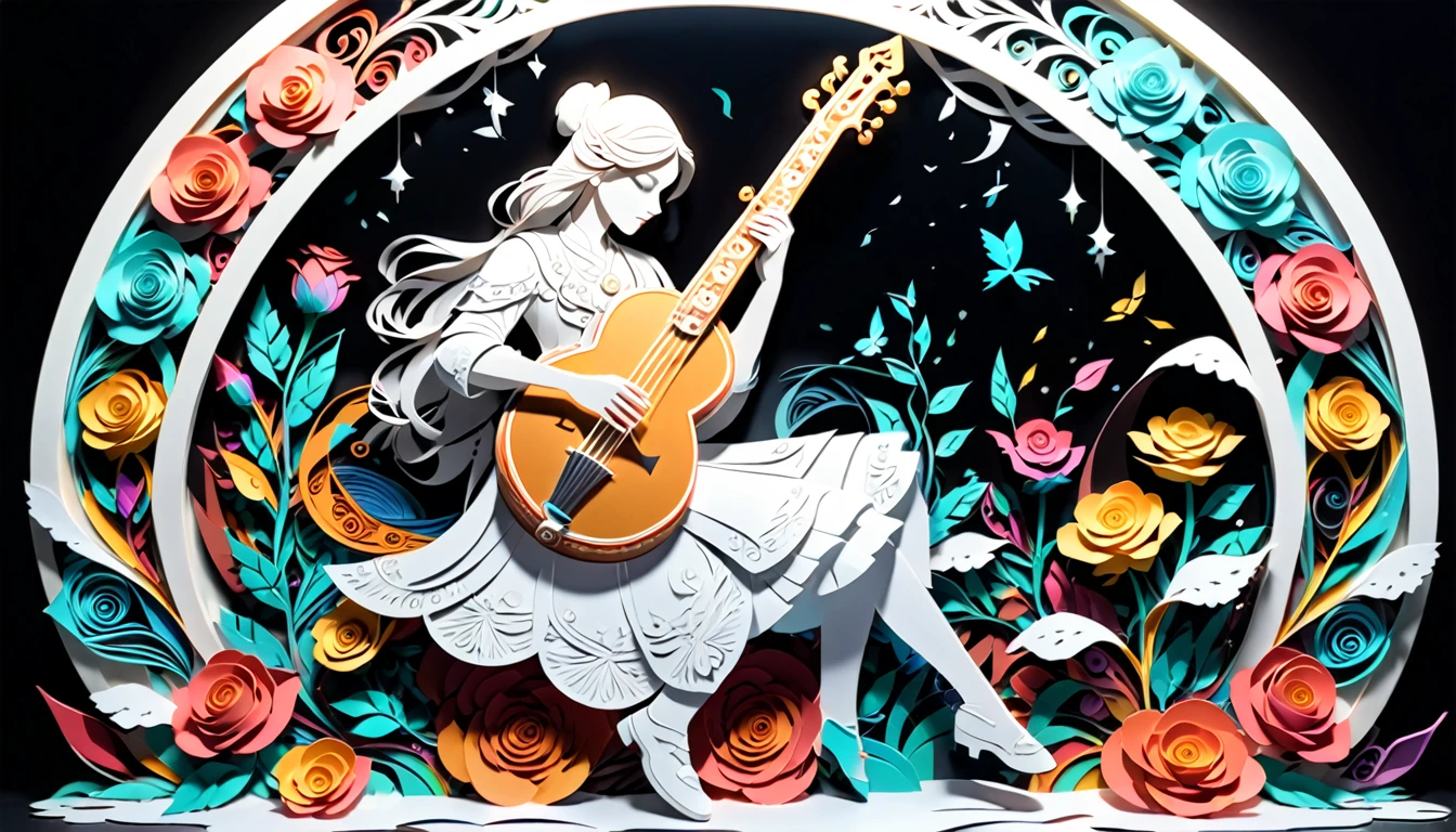 （hologram:1.5)，Silhouette of a man playing the sitar，Colorful Roses，In winter，White Background，Paper Art，quilling Paper Art，Tangled, geometry，3D Rendering， Cinematic Lighting Effects