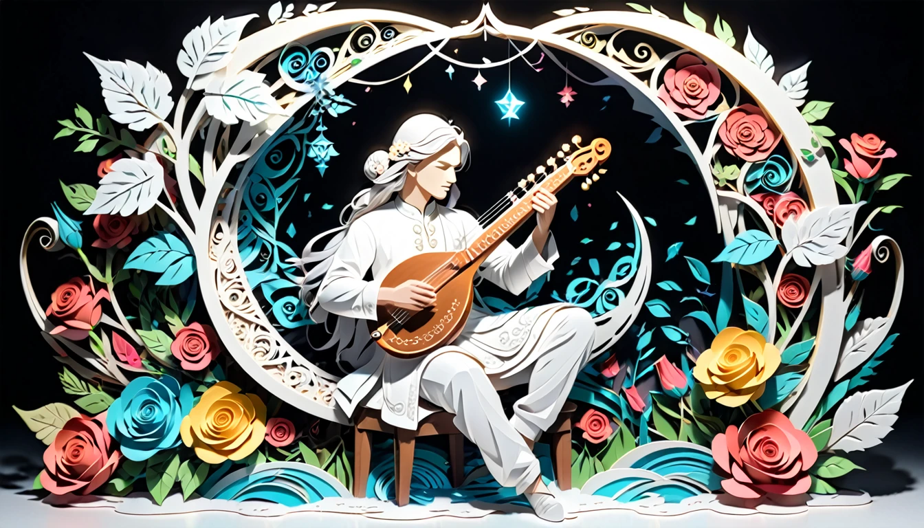 （hologram:1.ilhouette of a man playing the sitar，Colorful Roses，In winter，White Background，Paper Art，quilling Paper Art，Tangled, geometry，3D Rendering， Cinematic Lighting Effects