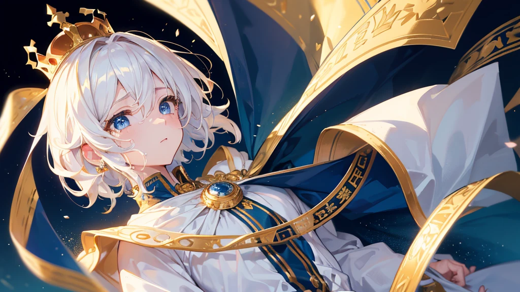 (Highest quality)　(4K)　(8k)　(High resolution)　(masterpiece:1.2)　(Super detailed)　One boy　short hair　Wizard　Blue Eyes　Long sleeve　Golden decoration　Hair between the eyes　White Dress　Wavy golden hair　Upper Body　(large crown)　(White Background)　profile　Face close-up　Are crying