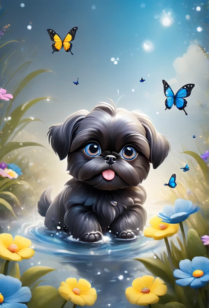 2 adorable very small very black Shih Tzu puppies with big bright blue eyes,extremely detailed eyes and face,longeyelashes,wearing blue collars and sunglasses,playing in creek,butterflies and flowers in background,3D Pixar style,photorealistic,masterpiece,vibrant colors,studio lighting,ultra-detailed,sharp focus,physically-based rendering,professional