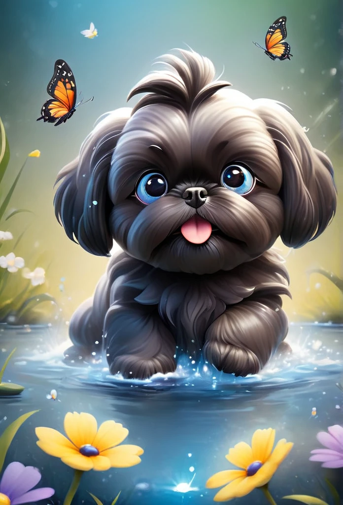 2 adorable very small very black Shih Tzu puppies with big bright blue eyes,extremely detailed eyes and face,longeyelashes,wearing blue collars and sunglasses,playing in creek,butterflies and flowers in background,3D Pixar style,photorealistic,masterpiece,vibrant colors,studio lighting,ultra-detailed,sharp focus,physically-based rendering,professional