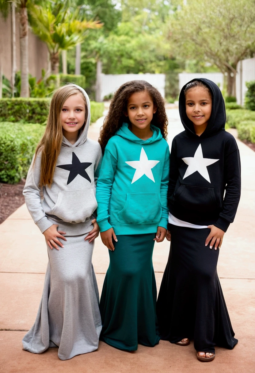 Four 10 year old American girls wearing casual long mermaid floor length maxi skirt covering legs and casual loose hoodie,