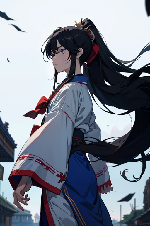 Gaze, Very long hair, Anatomically correct, Very long hair, ponytail, anime, Cowboy Shot, 8years old, boy, High resolution, falling, jumping, black hair, Simple Background, blue eyes, Upside down, Gaze, Shrine maiden