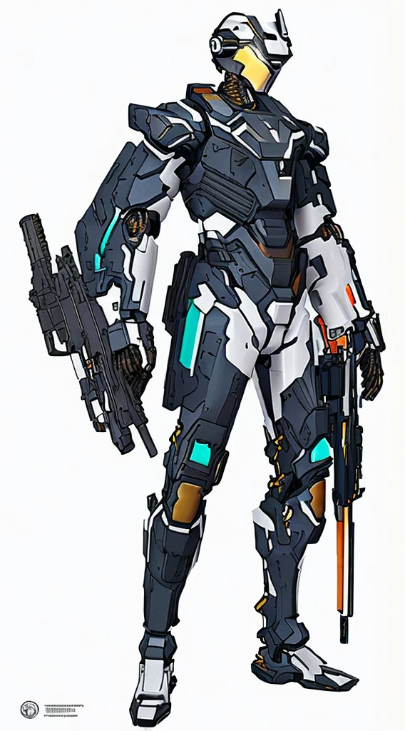Close-up of man holding gun and helmet, mechanized art concept, Combat armor clothes, Mecha suit, anime mech armor, Wearing tech clothing and armor, Expert High Detail Concept Art, Detailed full body concept art, full body Mecha suit,