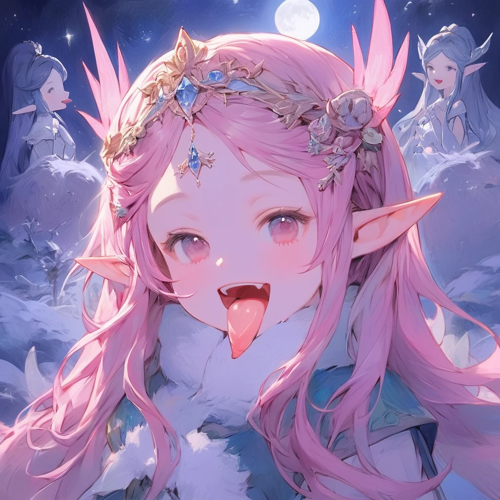 flap, Open your mouth wide,Front view, Sticking out your tongue, One ((Painting)) sticking out pink tongue、Very happy high elf princess woman,moonlight, Mysterious,