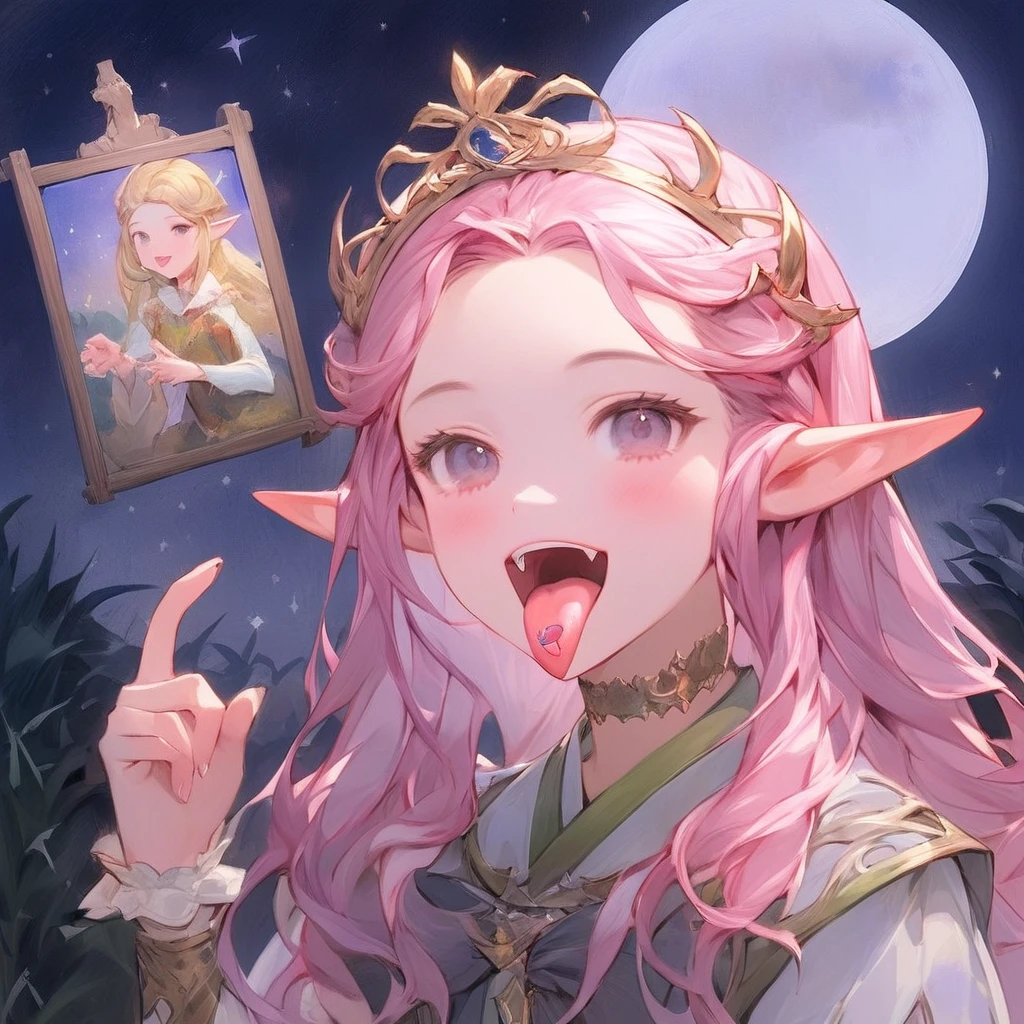 flap, Open your mouth wide,Front view, Sticking out your tongue, One ((Painting)) sticking out pink tongue、Very happy high elf princess woman,moonlight, Mysterious,