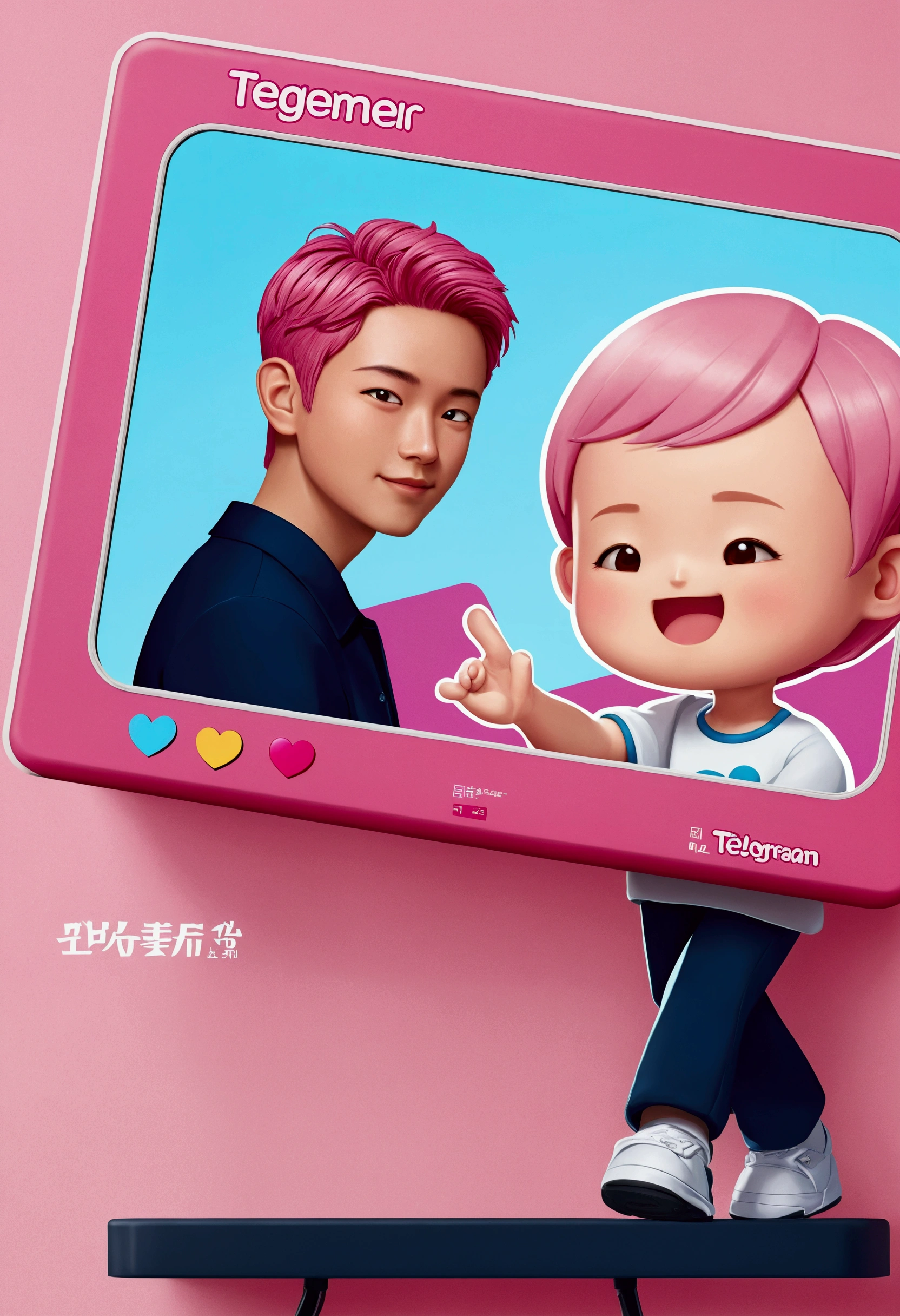 A cartoon illustration of a person holding a pink television,There is a picture of a man on TV, Telegram Stickers, Pink Iconic Character, Telegram Stickers design, Live2d Virtual YouTuber Model, posture, The style is like Nendoroid, Together, Use a mirror, Profile picture 1024px, Cute girl with short pink hair, tposture, t posture, 角色摆posture 生成正视图