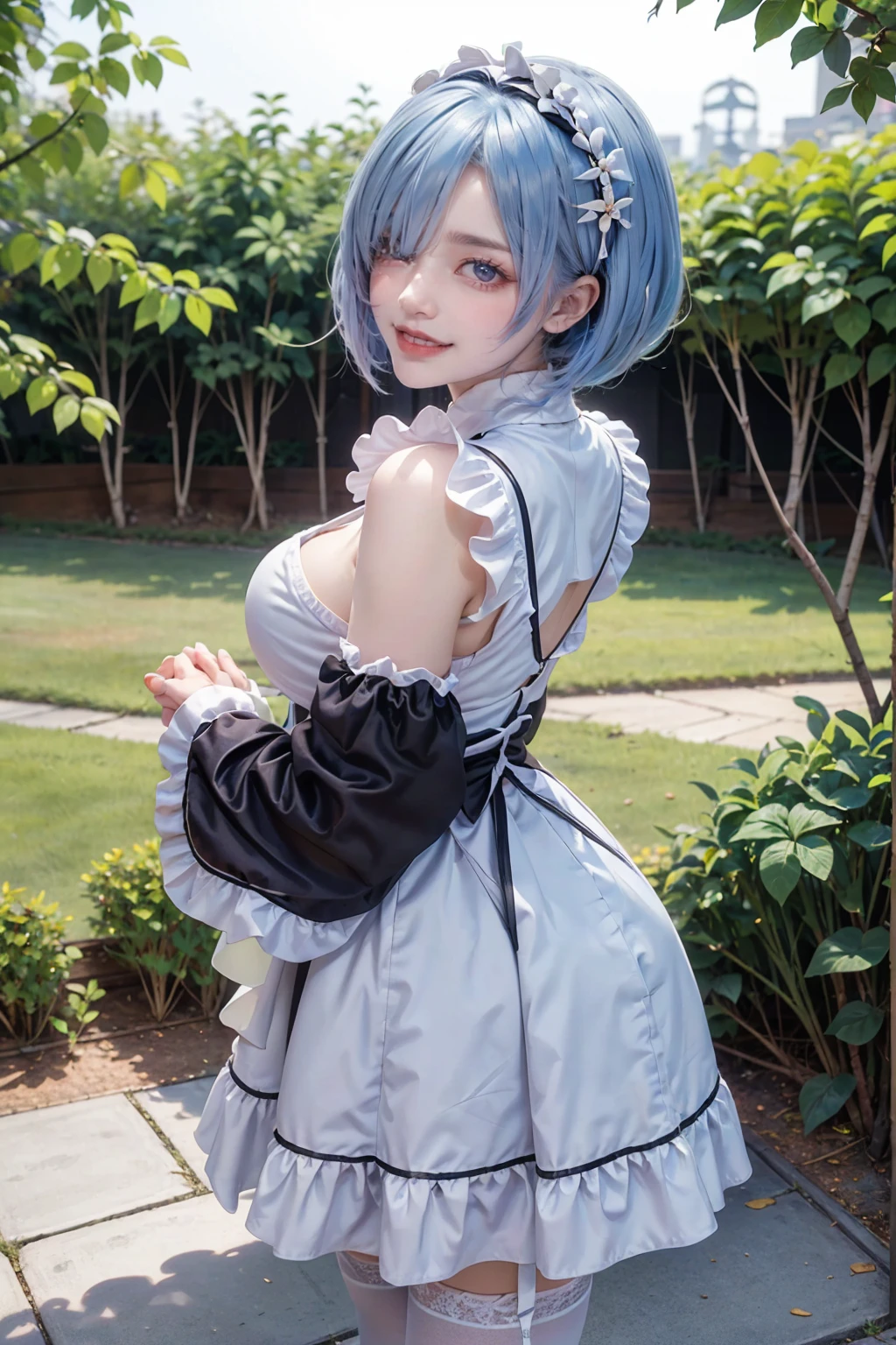 ((16K)),(masterpiece:1.3, Highest quality, Ultra-high resolution, Super detailed), (Realistic, photoRealistic:1.4), Perfect lighting, Depth of written boundary, Browsing Caution, Surrealism,Face Light,(( large breasts)),Beautiful detailed hair,((Beautiful eyelashes)), Beautifully detailed face, Beautiful fine details, Beautiful body, thin脚,Beautiful breasts, Beautiful feet, ((Beautiful Hands)), thin, 1 girl, 23 years old,Perfect Face, Long eyelashes,Perfect Anatomy, Supermodel with a long neck,((Skinny1.2)),(Perfect Anatomy,Anatomically correct, Highly detailed skin), Shiny skin,((beautiful girl:1.1)), ((Open your mouth wide and smile happily:1.3)),((from side)),((Jumping:1.2)),((from above)),rem_\(re:NULL\), ((blue hair, short hair)), (hair over one eye:1.3), eyes_ass visible_through_hair, Blue eyes, roswaal_mansion_maid_uniform, apron, white thighhighs, garter straps, standing, upper body, outdoors, mansion, buzzer, garden, flowers, trees, grass, bushes, sunlight,