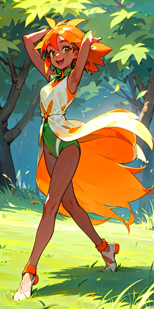 20 Year old woman, dark orange straight hair, tan skin, grass type pokemon trainer, happy, kind, dancer