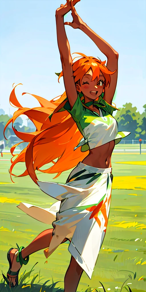 20 Year old woman, dark orange straight hair, tan skin, grass type pokemon trainer, happy, kind, dancer