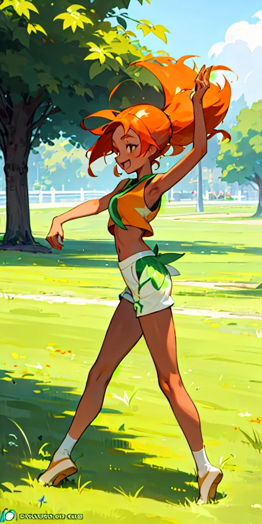 20 Year old woman, dark orange straight hair, tan skin, grass type pokemon trainer, happy, kind, dancer
