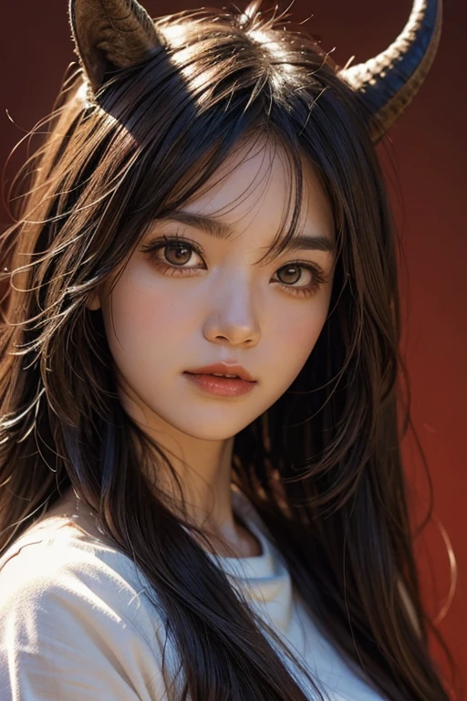 Head shot of a woman with goat horns, simple red studio background, close-up, anime style