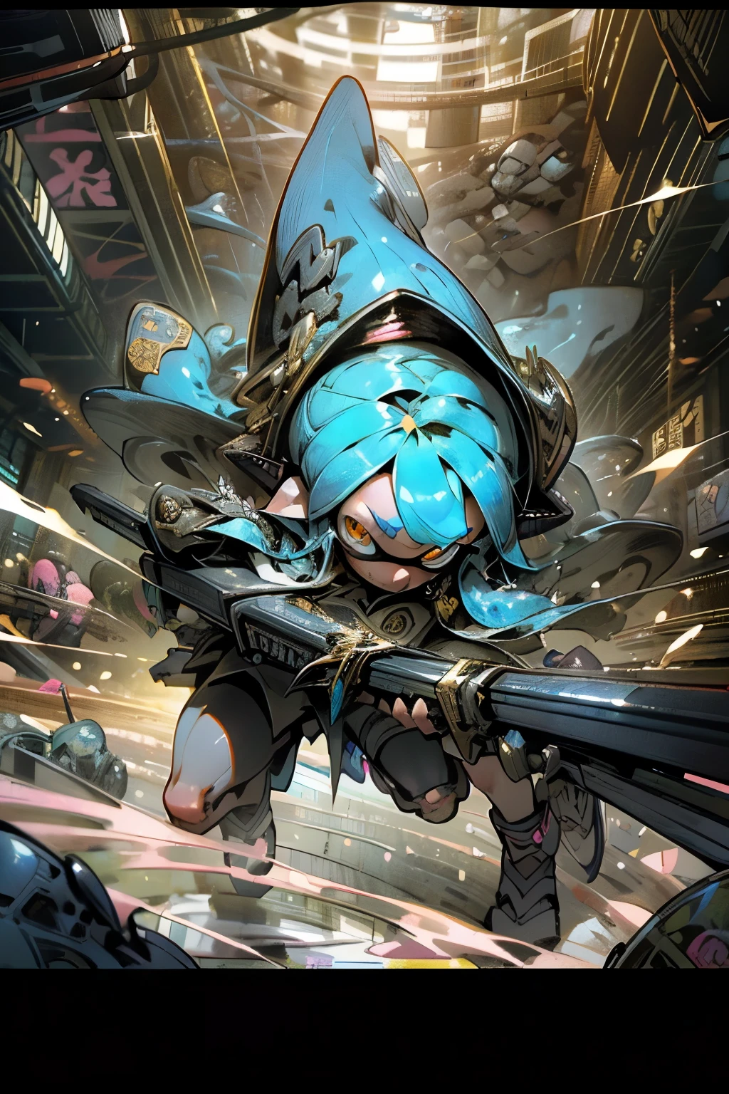 masterpiece,Highest quality,Ultra-fine illustrations,Real Anime、3d、Very detailed,Beautiful background,Perfect Face,Perfect hands,Dynamic Angle,
whole body、Splatoon Girl、Golden Eyes、Long black tentacle hair、
Destroy the clothes,Long knife,sheath,battlefield,Destroy the desolate land. you'Fighting the enemy.,Stern face,