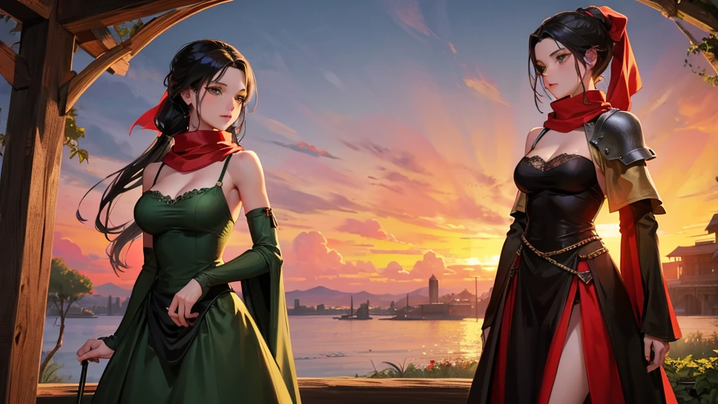 medieval setting, full view of body, 1 skinny female with large breast, beatiful smokey green eyes, black hair pinned up, shoulder free beautiful green swing dress, red scarf around her neck, eerie sunset