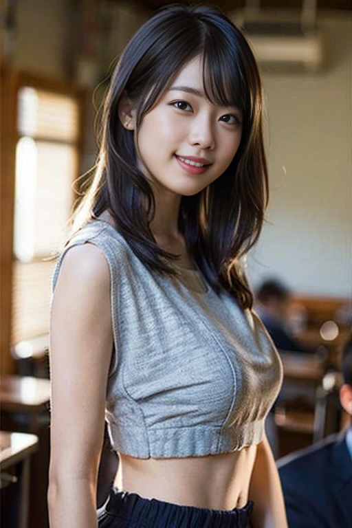 (8k、RAW Photos、Highest quality、masterpiece:1.2)、(Realistic、Photorealistic:1.37)、Ultra-detailed、Ultra-high resolution、1 girl、Seeing the viewer、Beautifully detailed face、Laughter、narrow、(Narrow waist) :1.3)、Beautifully detailed skin、Skin Texture、Floating Hair、Professional Lighting、whole body、Long Hair、Japanese Height 、Japanese Sailor Suit、classroom、Bob Hair、Gray fabric underwear、E Cup、Smile、、Red ribbon