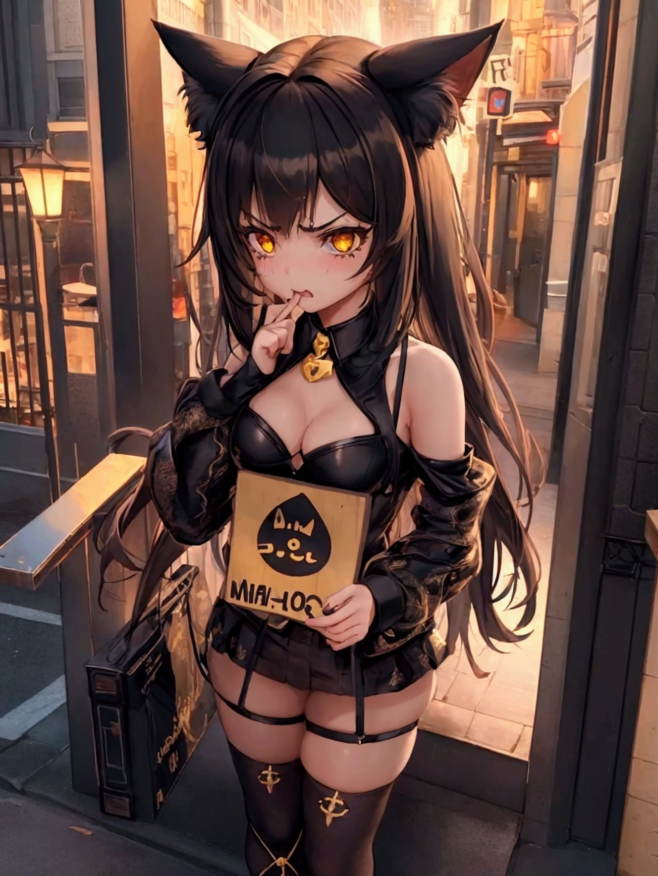 1girl, angry, cat ears, holding sign with text "404", chibi emote, hyper detailed, intricate details, 8k, photorealistic, dramatic lighting, warm color palette, beautifully painted, digital art, concept art