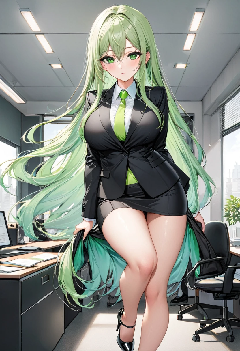 A tall, big-breasted woman, wearing colored underwear, with a lot of long, black pubic hair, light green long hair, light green eyes, wearing a black suit, a short office skirt, and black high heels.