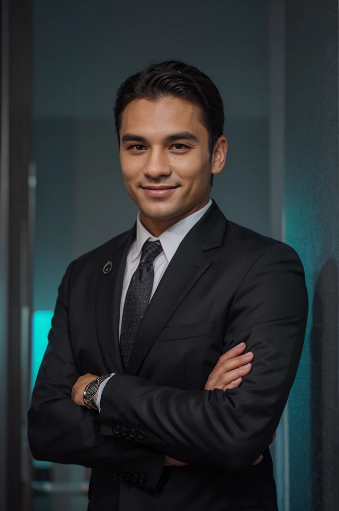 Frontal view , Portrait of man in black suit smiling , light coral background editorial style highdefinition ultrarealistic details in the style of portrait photography