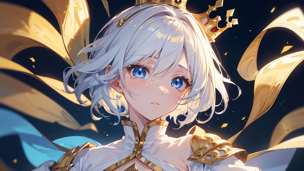 (Highest quality) (4K) (8k) (High resolution) (masterpiece:1.2) (Super detailed) One boy short hair Wizard Blue Eyes Long sleeve Golden decoration Hair between the eyes White Dress Wavy golden hair Upper Body (large crown) (White Background) profile Face close-up Are crying