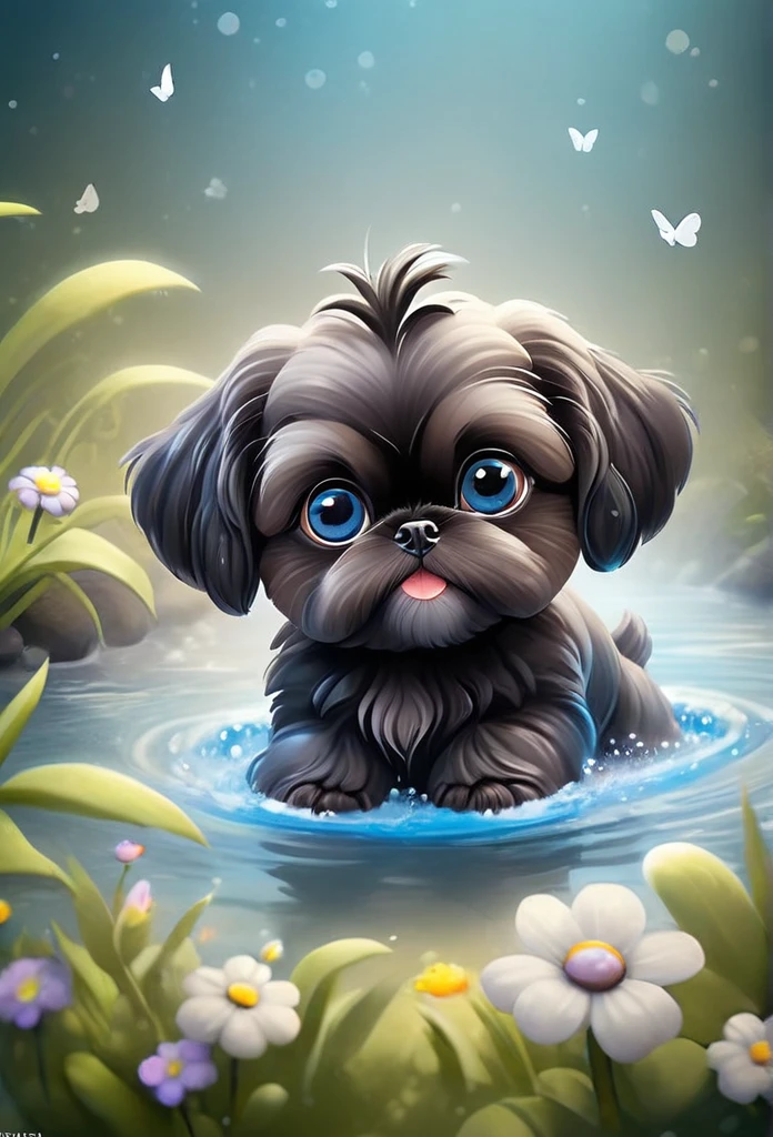 2 adorable very small very black Shih Tzu puppies with big bright blue eyes,extremely detailed eyes and face,longeyelashes,wearing blue collars and sunglasses,playing in creek,butterflies and flowers in background,3D Pixar style,photorealistic,masterpiece,vibrant colors,studio lighting,ultra-detailed,sharp focus,physically-based rendering,professional
