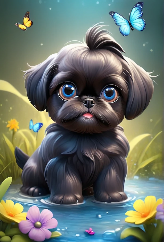 2 adorable very small very black Shih Tzu puppies with big bright blue eyes,extremely detailed eyes and face,longeyelashes,wearing blue collars and sunglasses,playing in creek,butterflies and flowers in background,3D Pixar style,photorealistic,masterpiece,vibrant colors,studio lighting,ultra-detailed,sharp focus,physically-based rendering,professional