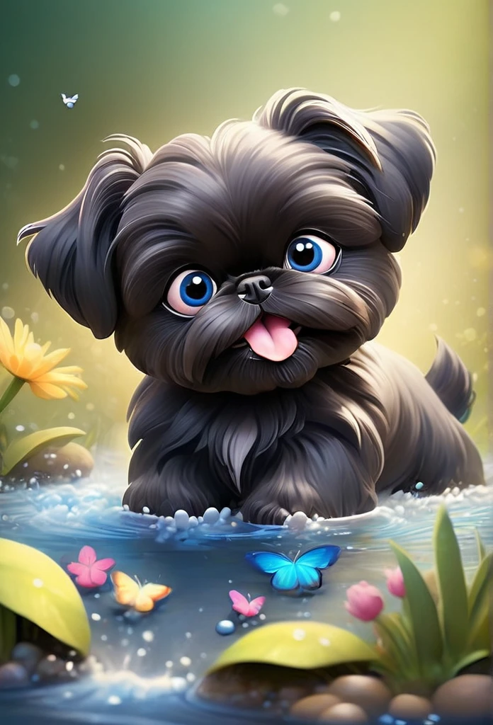 2 adorable very small very black Shih Tzu puppies with big bright blue eyes,extremely detailed eyes and face,longeyelashes,wearing blue collars and sunglasses,playing in creek,butterflies and flowers in background,3D Pixar style,photorealistic,masterpiece,vibrant colors,studio lighting,ultra-detailed,sharp focus,physically-based rendering,professional