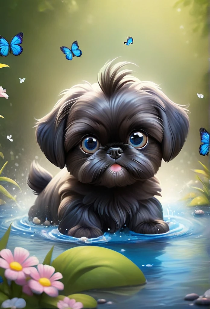2 adorable very small very black Shih Tzu puppies with big bright blue eyes,extremely detailed eyes and face,longeyelashes,wearing blue collars and sunglasses,playing in creek,butterflies and flowers in background,3D Pixar style,photorealistic,masterpiece,vibrant colors,studio lighting,ultra-detailed,sharp focus,physically-based rendering,professional