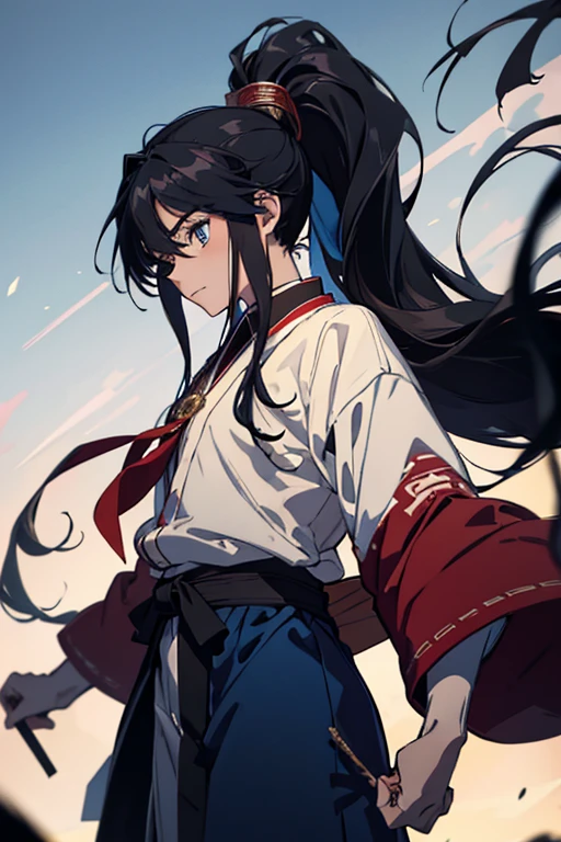 Gaze, Very long hair, Anatomically correct, Very long hair, ponytail, anime, Cowboy Shot, 8 old, boy, High resolution, falling, jumping, black hair, Simple Background, blue eyes, Upside down, Gaze, Shrine maiden