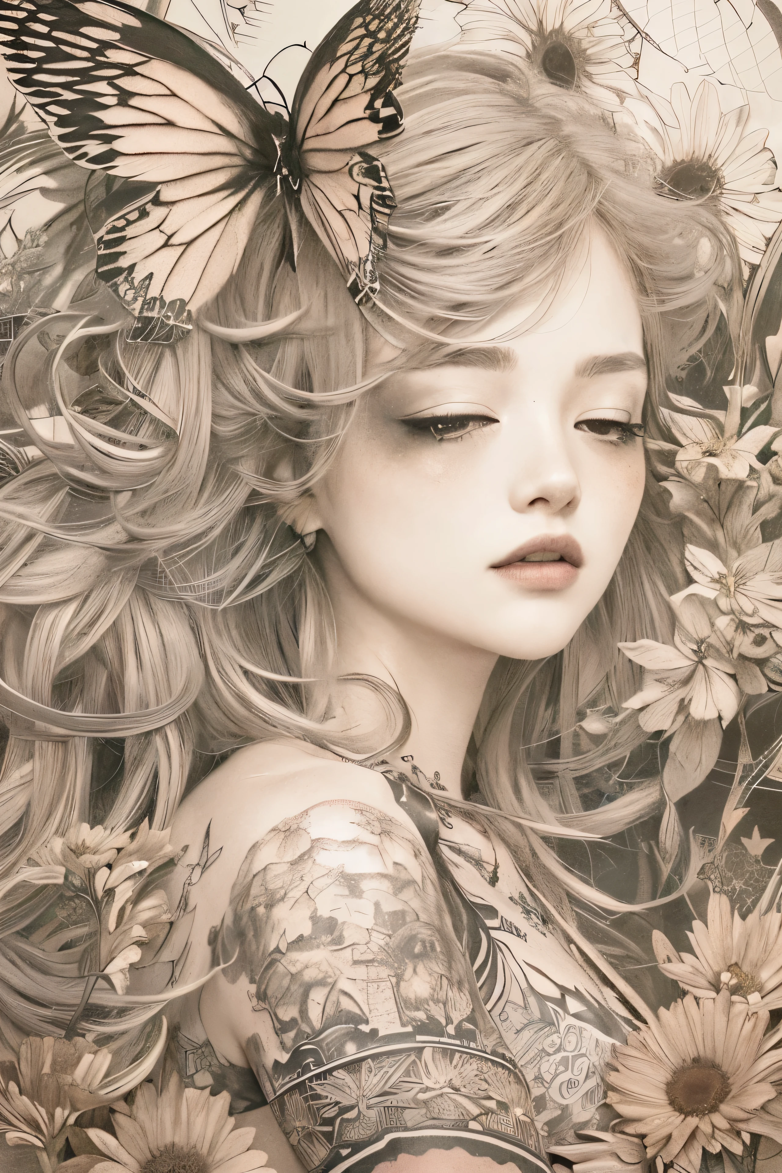 ((((masterpiece))), tattoo、Highest quality, An illustration, Beautiful details shine,
paper_cut, The details of a fragile girl's face captured on camera, wood, moon, butterfly,Wind,flower、star