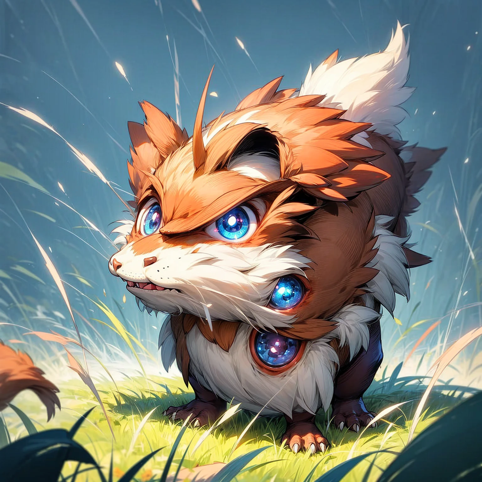 1animaly, small animal version, Full body version, beaver mixed with dinosaurus, blue eyes, beaver head mixed, has horns, Grassroots, full background in field