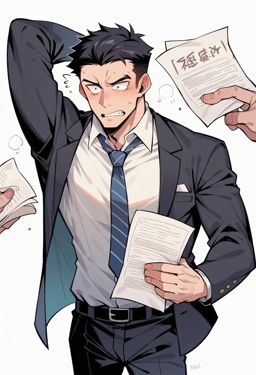 Picture a businessman drowning in a pile of paperwork.。Businessmen are wearing suits、He looks exhausted and sweaty.。Surrounded by piles of papers、With only the hands barely visible、Make sure you can see signs of surprise or panic.。The overall atmosphere should not feel stressed or busy.。