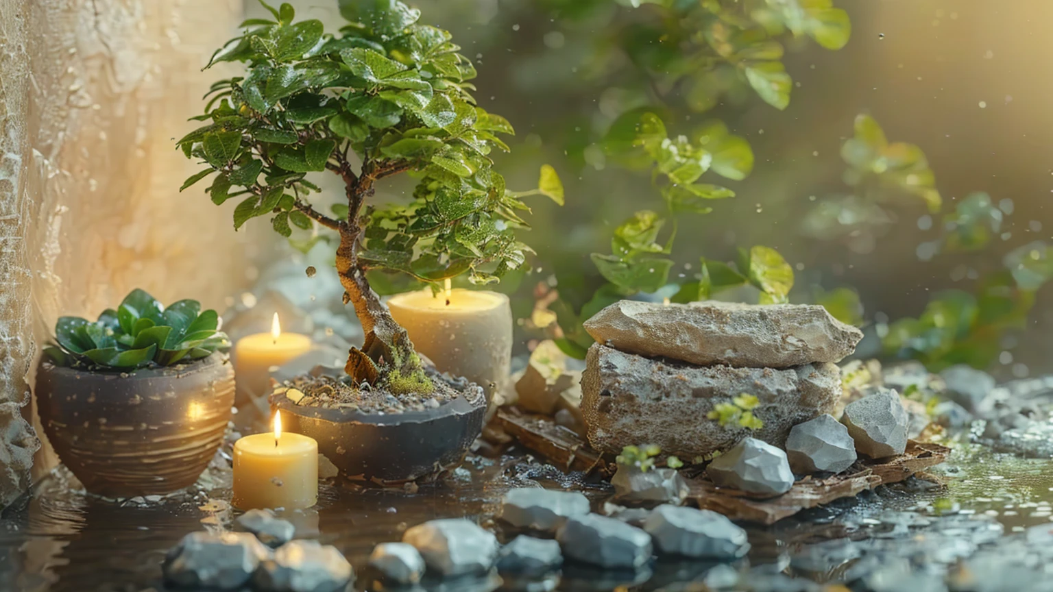 There are lots of candles and potted plants on the table., Zen Nature Background, lush plants and Potted plantss, Highly detailed scenes, Relaxing environment, Natural and realistic rendering, Quiet environment, 3D Stylized Scene, Relaxed atmosphere, High quality rendering, Potted plantsで作られた, Potted plants, Quiet and peaceful atmosphere, Cozy and serene atmosphere, Ultra-detailed scenes, Highly detailed rendering、８K