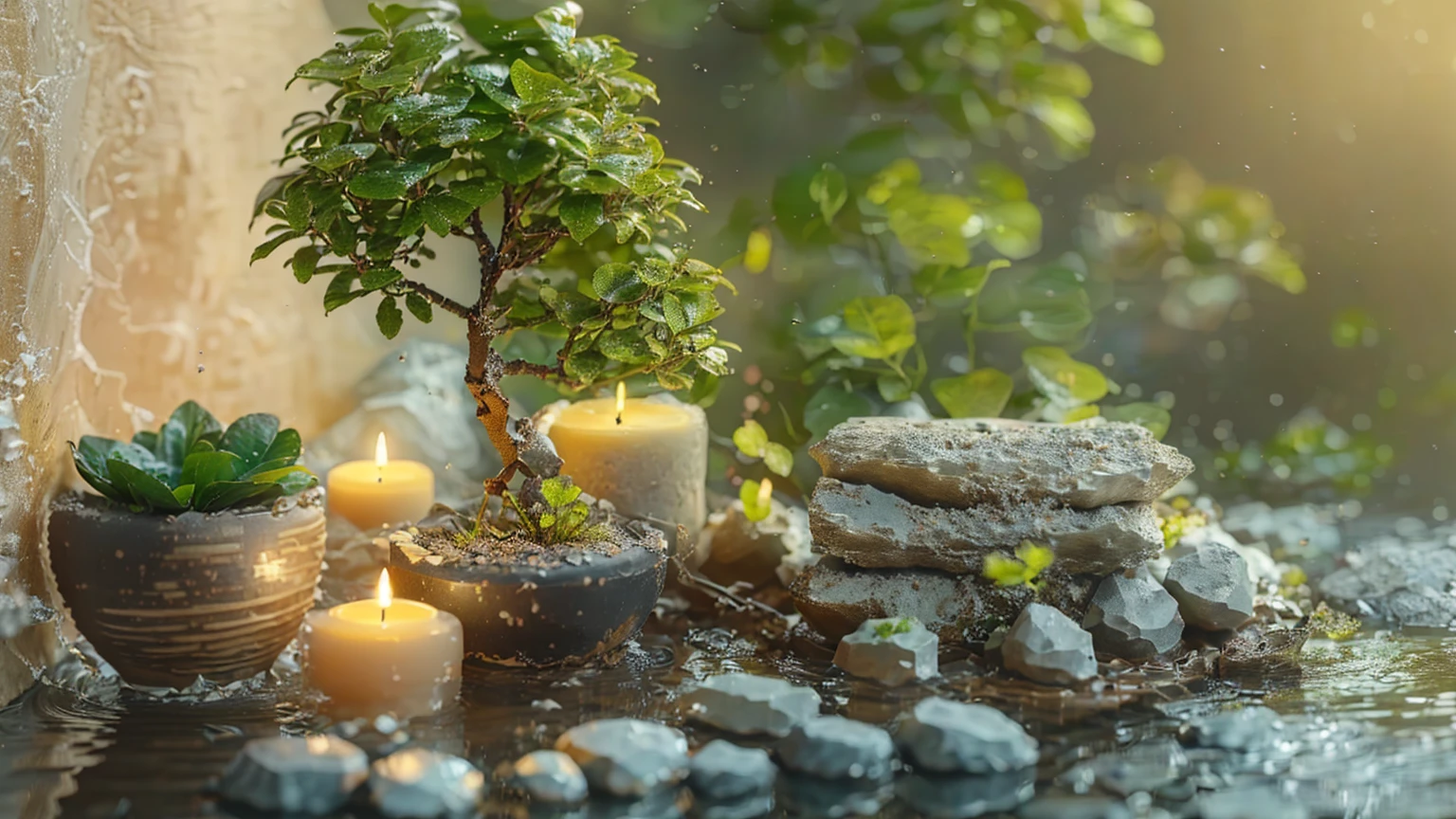 There are lots of candles and potted plants on the table., Zen Nature Background, lush plants and Potted plantss, Highly detailed scenes, Relaxing environment, Natural and realistic rendering, Quiet environment, 3D Stylized Scene, Relaxed atmosphere, High quality rendering, Potted plantsで作られた, Potted plants, Quiet and peaceful atmosphere, Cozy and serene atmosphere, Ultra-detailed scenes, Highly detailed rendering、８K