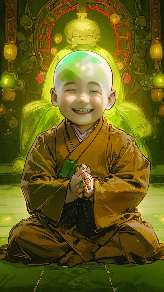 2 Japanese boy, green jewel on forehead, small monk with , wearing monk's robes, hands folded, sitting cross-legged, smiling for camera