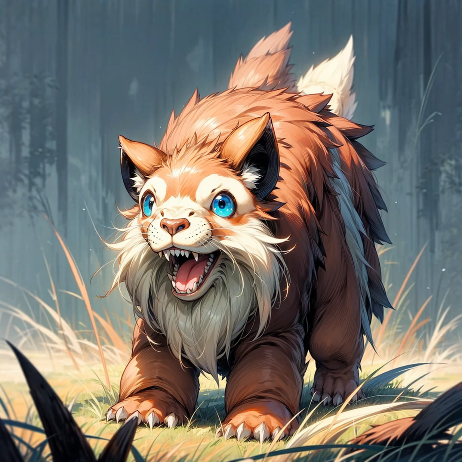 1animaly, medium animal version, Full body version, beaver mixed with dinosaurus, blue eyes, beaver head mixed, has horns, Grassroots, full background in field