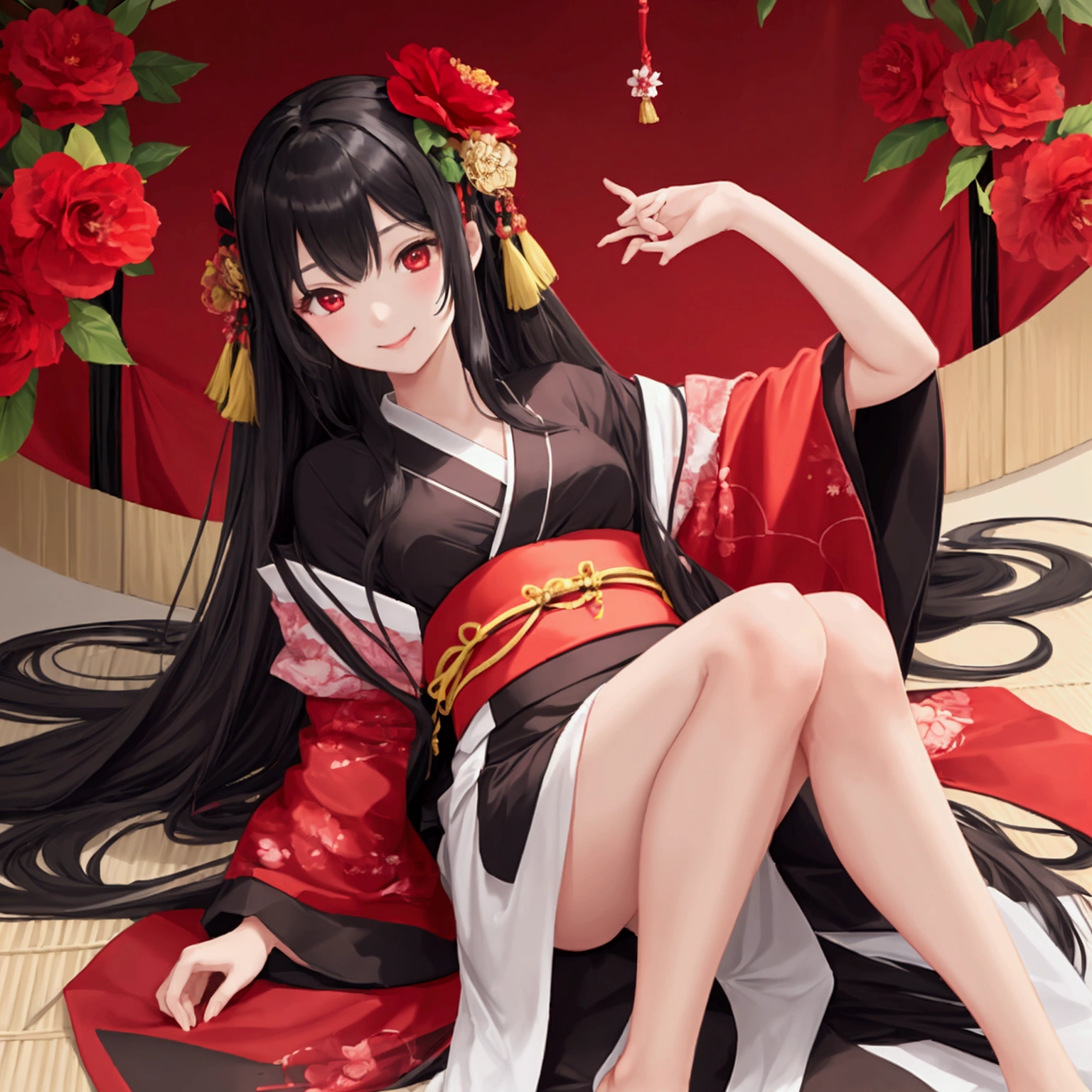 One girl, High resolution,solo, One girl, High resolution, Long Hair, smile, Personification of camellia、Black Hair、kimono、Bright red camellia、Dim