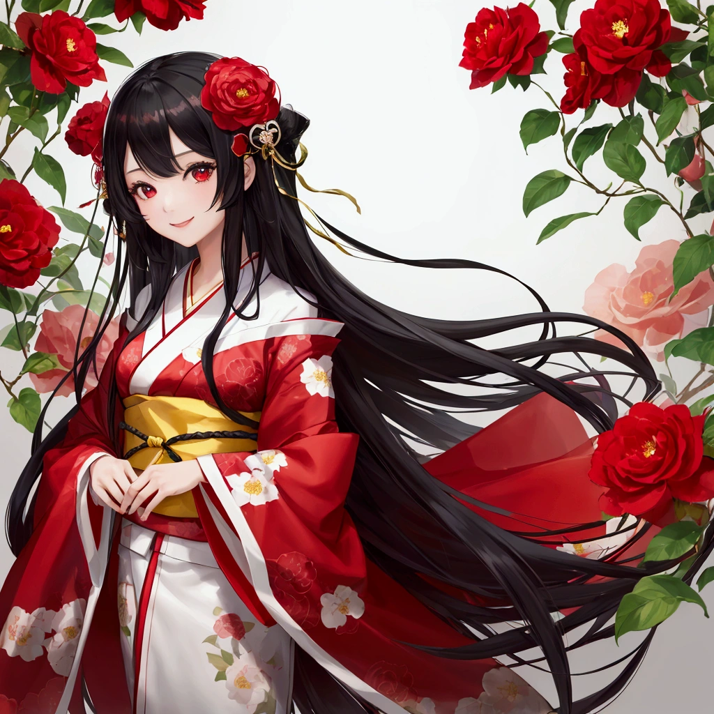 One girl, High resolution,solo, One girl, High resolution, Long Hair, smile, Personification of camellia、Black Hair、kimono、Bright red camellia、Dim
