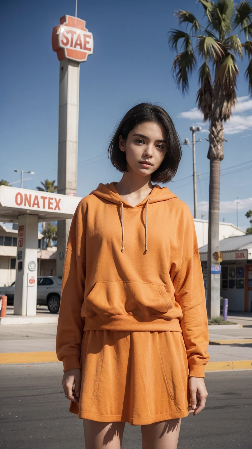 photo cinematic photograph long shot portraits by Wes Anderson, cute 23 yo girl ,fokus, bokeh ,wear ((orange color oversized_hoodie)), wear ((purple tennis skirt)),looking front,Best Quality,Masterpiece,Ultra High Resolution,(Realisticity:1.4),Original Photo, 1Girl, light leak,ultra high resolution,UHD,beautiful, (black bob hair), almond eye, no makeup, in front of ((80's los angles gas station)), (realistic:1.2), (surreal:1.3), (very detailed:1.1), ((masterpiece)),(summer), blue sky, (palm trees),sunny, los angles vibes,film camera, 800mm lens,style of Philip Lorca diCorcia