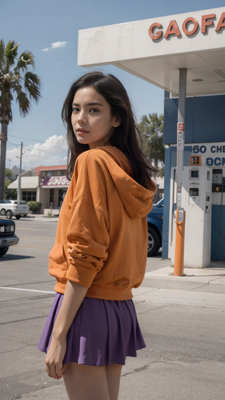 photo cinematic photograph long shot portraits by Wes Anderson, cute 23 yo girl ,fokus, bokeh ,wear ((orange color oversized_hoodie)), wear ((purple tennis skirt)),looking front,Best Quality,Masterpiece,Ultra High Resolution,(Realisticity:1.4),Original Photo, 1Girl, light leak,ultra high resolution,UHD,beautiful, (black bob hair), almond eye, no makeup, in front of ((80's los angles gas station)), (realistic:1.2), (surreal:1.3), (very detailed:1.1), ((masterpiece)),(summer), blue sky, (palm trees),sunny, los angles vibes,film camera, 800mm lens,style of Philip Lorca diCorcia
