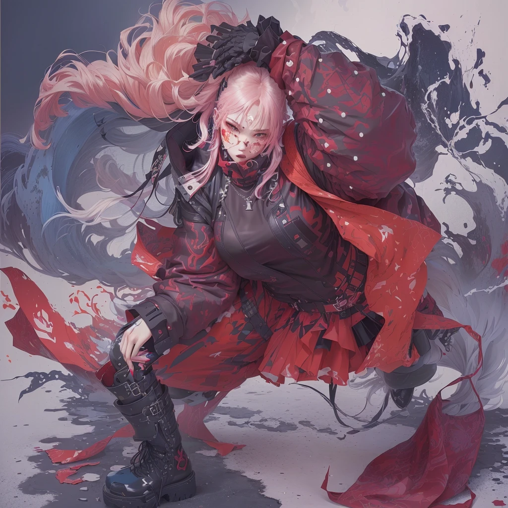 A painting of a woman with blood on her face and wearing a red coat, James Jean・アートwork, James Jeanとウロップ, James Jean、Yoji Shinkawa, James Jean・アート, by Tosa Mitsuoki, James Jean Mark, Amiable ， Lin Wenjun, James Jean Andrey Ryabovitchev, James Jean, James Jean, inspired James JeanA  Japanese girl with vibrant hair colors, long hair, daring hair styling, slender figure, plump cheeks. She embodies the punk rock aesthetic, dressed like a punk rocker with bold attire, large sunglasses, a defiant expression. She stands at 170 centimeters tall, weighs 30 kilograms, wears long boots, with her thighs visible under a red pleated skirt. Adorned with numerous silver accessories. Depict with distinct outlines, using colors other than black for the outlines, using colorful hues for the outlines. She's into girls' rock, punk, Electric guitar, vibrant colors, stages, and backed by a band. An underground clubhouse with colorful lighting amidst the darkness. Colorful candies resembling mountains of treats are plentiful, strewn all around. A tall, well-built man with blonde hair is present, adorned with tattoos, a nose piercing, and a split tongue.