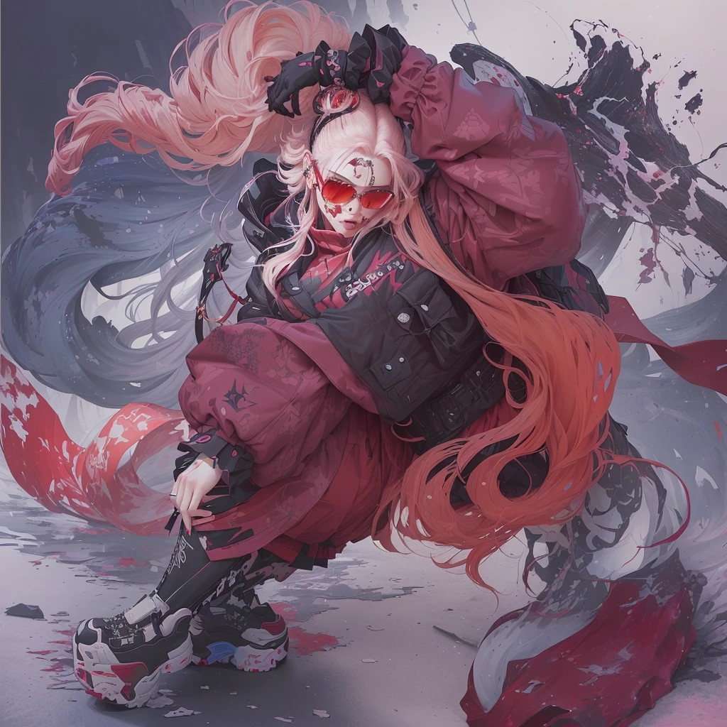 A painting of a woman with blood on her face and wearing a red coat, James Jean・アートwork, James Jeanとウロップ, James Jean、Yoji Shinkawa, James Jean・アート, by Tosa Mitsuoki, James Jean Mark, Amiable , Lin Wenjun, James Jean Andrey Ryabovitchev, James Jean, James Jean, inspired James JeanA 17-year-old Japanese girl with vibrant hair colors, long hair, daring hair styling, slender figure, plump cheeks. She embodies the punk rock aesthetic, dressed like a punk rocker with bold attire, large sunglasses, a defiant expression. She stands at 170 centimeters tall, weighs 30 kilograms, wears long boots, with her thighs visible under a red pleated skirt. Adorned with numerous silver accessories. Depict with distinct outlines, using colors other than black for the outlines, using colorful hues for the outlines. She's into girls' rock, punk, Electric guitar, vibrant colors, stages, and backed by a band. An underground clubhouse with colorful lighting amidst the darkness. Colorful candies resembling mountains of treats are plentiful, strewn all around. A tall, well-built man with blonde hair is present, adorned with tattoos, a nose piercing, and a split tongue.