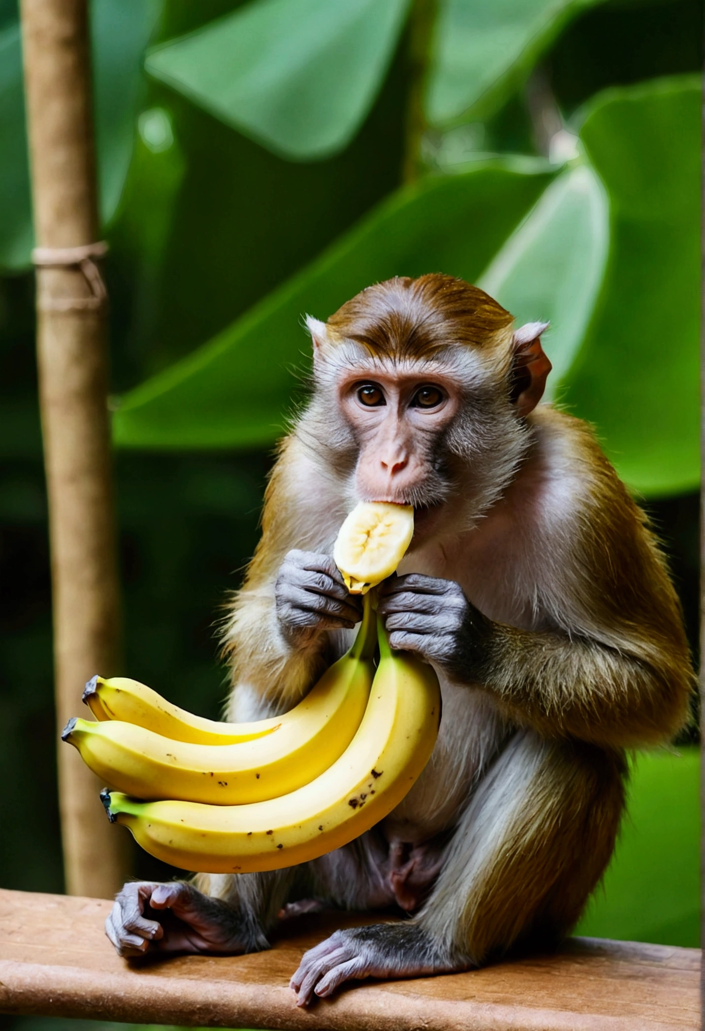 A monkey eating a banana sits in Myanmar、Thailand、、Vietnam、、Malaysia、Singapore、Indonesia flag front