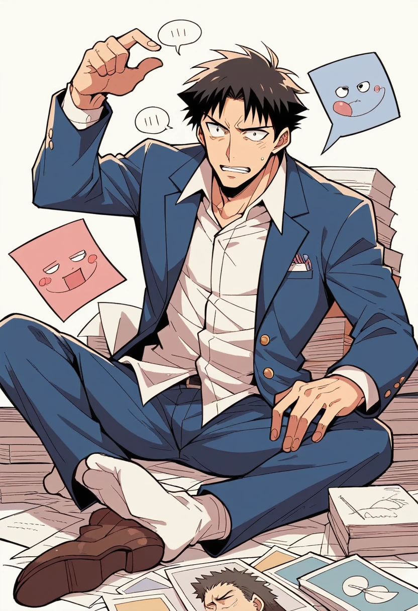 Image of a boy in a suit sitting amongst a pile of documents, Anime drawings inspired by Hiratsuka Unichi, Pixiv, Conceptual Art, Trying to study, manga!!!, at Pixiv, Piles of paperwork, honest shinkai!!, Ellen Yeager, honest, honest shinkai!, manga!