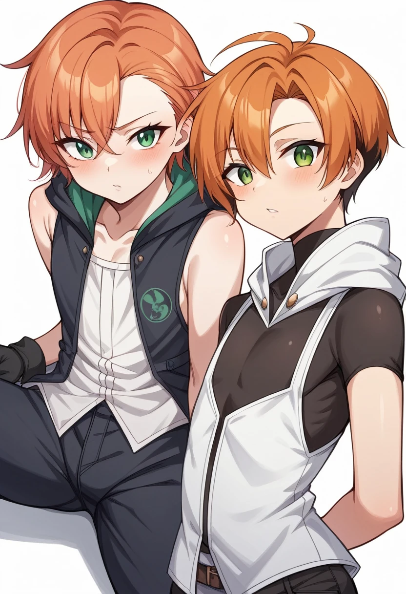 （One girl）、((short hair))、(sidelock)、(right orange hair)、(sidelock)、（Sato Air）、((boyish))、((flat chest))、((Wizard))、black stick pants、White sleeveless、jacket、black gloves、say、green eye、arm behind back、(coarse hair)、20-year-old 、curvy、asymmetrical bangs、White Background、