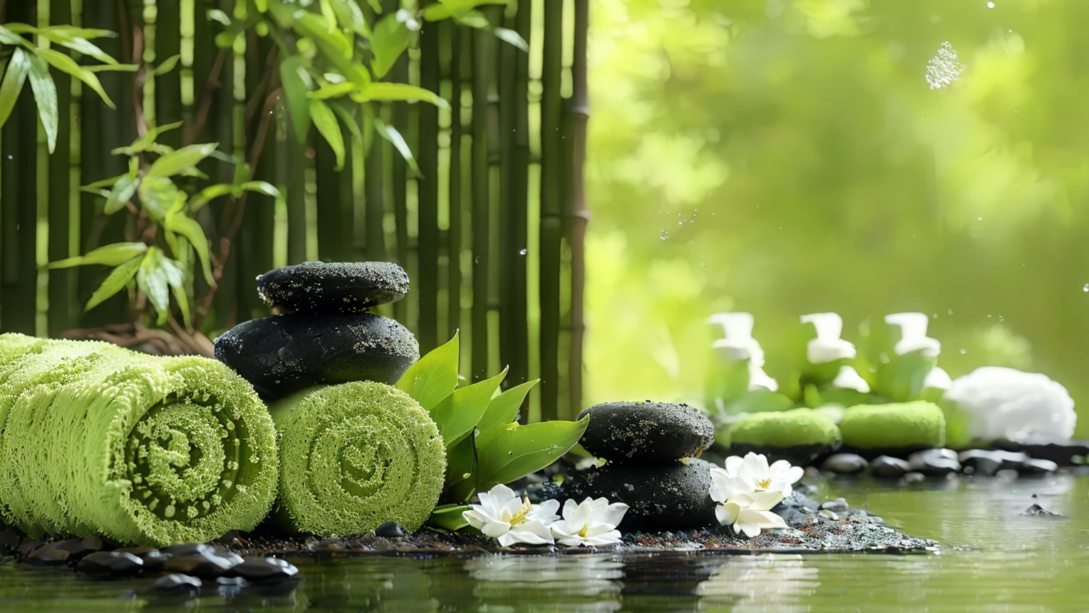 Towels and soap are stacked on mats made of bamboo sticks, Paradise Garden Massage, Zen Nature Background, spa, Quiet environment, relax environment, health spa and meditation center, Beautiful shots, Beautiful Wallpapers, relax, relax atmosphere, Green Theme, Serene landscape, Peaceful environment, Zen feeling, Green theme, Portrait Shot, Lush green environment, Green and black colors, Calm feeling、８K