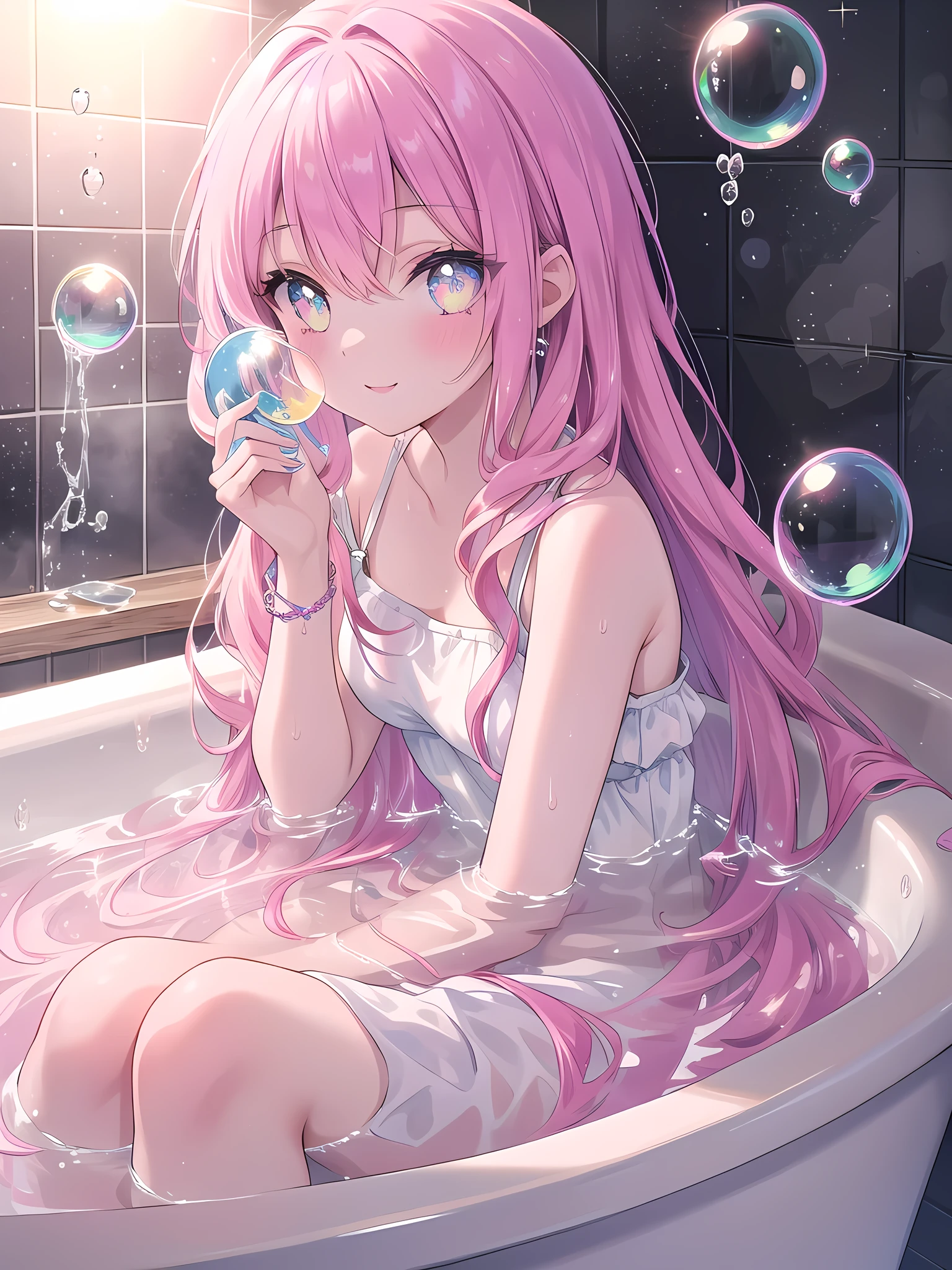((8k, best quality, master piece: 1.3)),super high resolution,(1 girl, solo), (colorshift eyes, hyperdetailed, expressive sparkling, glitter, glowing eyes), ultra detailed eyes, ultra-detailed face, random hair, ((pastel color)), Please draw a 15-year-old girl playing with bubbles in the bath. The girl has a happy expression on her face as she plays in the bathtub, touching the bubbles with her hands. The bathroom wall and bathtub are in the background, and warm indirect lighting softly illuminates the room. The camera angle should be from the perspective of the girl inside the bathtub. The colors used should be the bright hues of the bathroom and the transparency of the bubbles, and the texture of the bubbles and bathtub should be depicted.