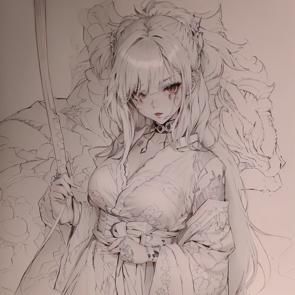 painting of a woman with a sword in her hand, yandere intricate, Line art!!, Anime Sketch, clean Detailed anime art, Detailed but rough, Demon Slayer Louis Fan Art, Line art, Detailed anime art, 美しいLine art, Zerochan Art, 強烈なLine art, Beautiful anime outline, 非常に細かいインクのLine art, Faded Painting, Anime Drawings, A -yeld Jaese girl with vibrant hair colors, drawn by a Japanese anime artist, long hair, daring hair styling, slender figure, plump cheeks. She embodies the punk rock aesthetic, dressed like a punk rocker with bold attire, large sunglasses, a defiant expression. She stands at 170 centimeters tall, weighs 30 kilograms, wears long boots, with her thighs visible under a red pleated skirt. Adorned with numerous silver accessories. Depict with distinct outlines, using colors other than black for the outlines, using colorful hues for the outlines. She's into girls' rock, punk, Electric guitar, vibrant colors, stages, and backed by a band. An underground clubhouse with colorful lighting amidst the darkness. Colorful candies resembling mountains of treats are plentiful, strewn all around. A tall, well-built man with blonde hair is present, adorned with tattoos, a nose piercing, and a split tongue.