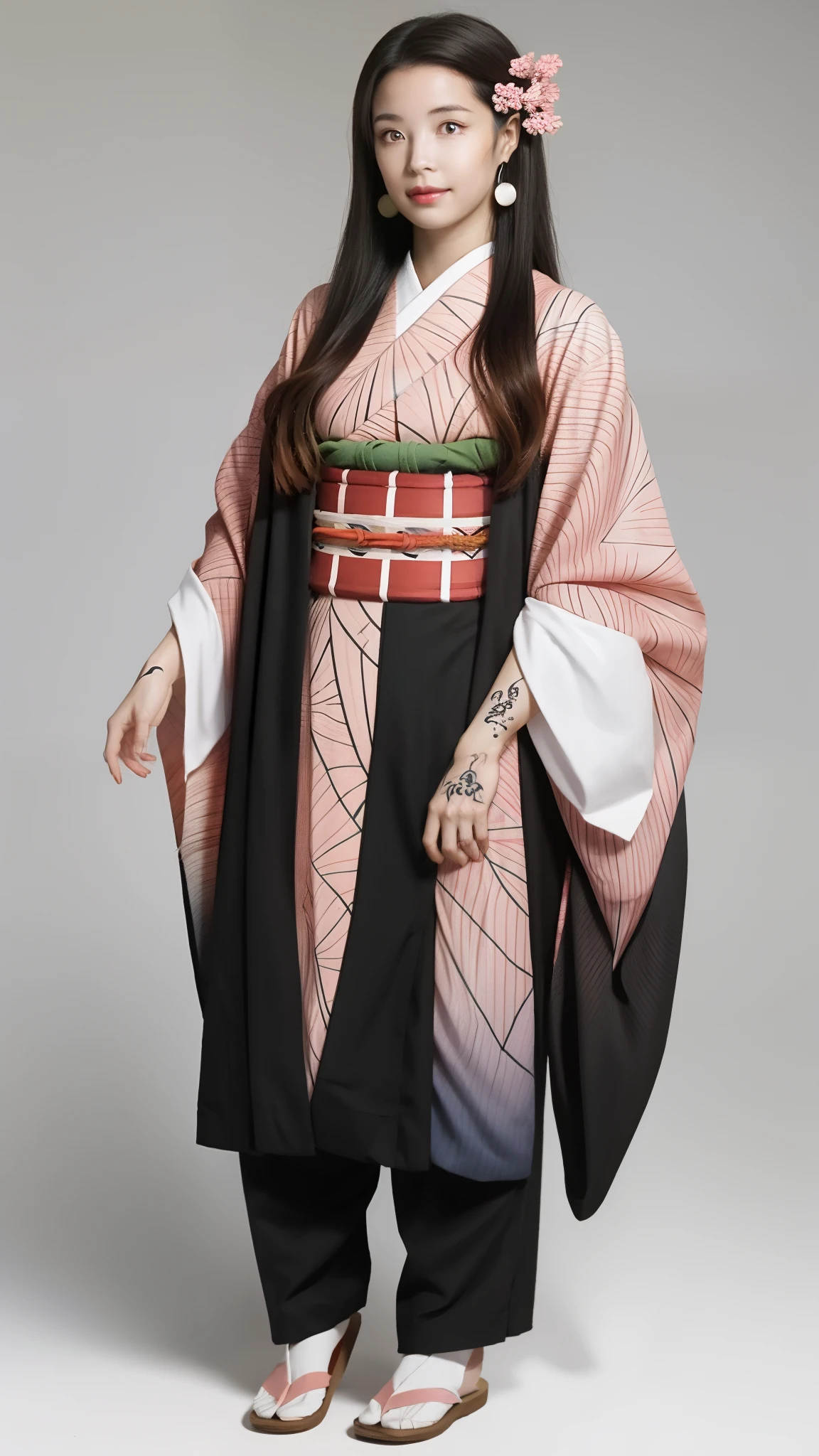 Female, (16 years old), (Very cute face), Moisturized skin, (Pink and bright eyes), (Full body: 1.4),
BREAK,
(Kicking: 1.3),
BREAK,
Earrings, Short length, (Black grass tattoo on body: 1.3),
BREAK,
(Cute kimono: 1.2), (Black haori: 1.2),
BREAK,
(Super long hair), (Light gradient hair: 1.3), (Red tips: 1.3),
BREAK,
(Realistic: 1.3), (Ultra high resolution), (Very detailed: 1.4), (Full body: 1.4), (Symmetrical: 1.2), (One shot),
BREAK,
(Japanese city: 1.2),
BREAK,
(Demon Slayer: 1.4), (Hirose Suzu: 1.3), (Kamado Nezuko),